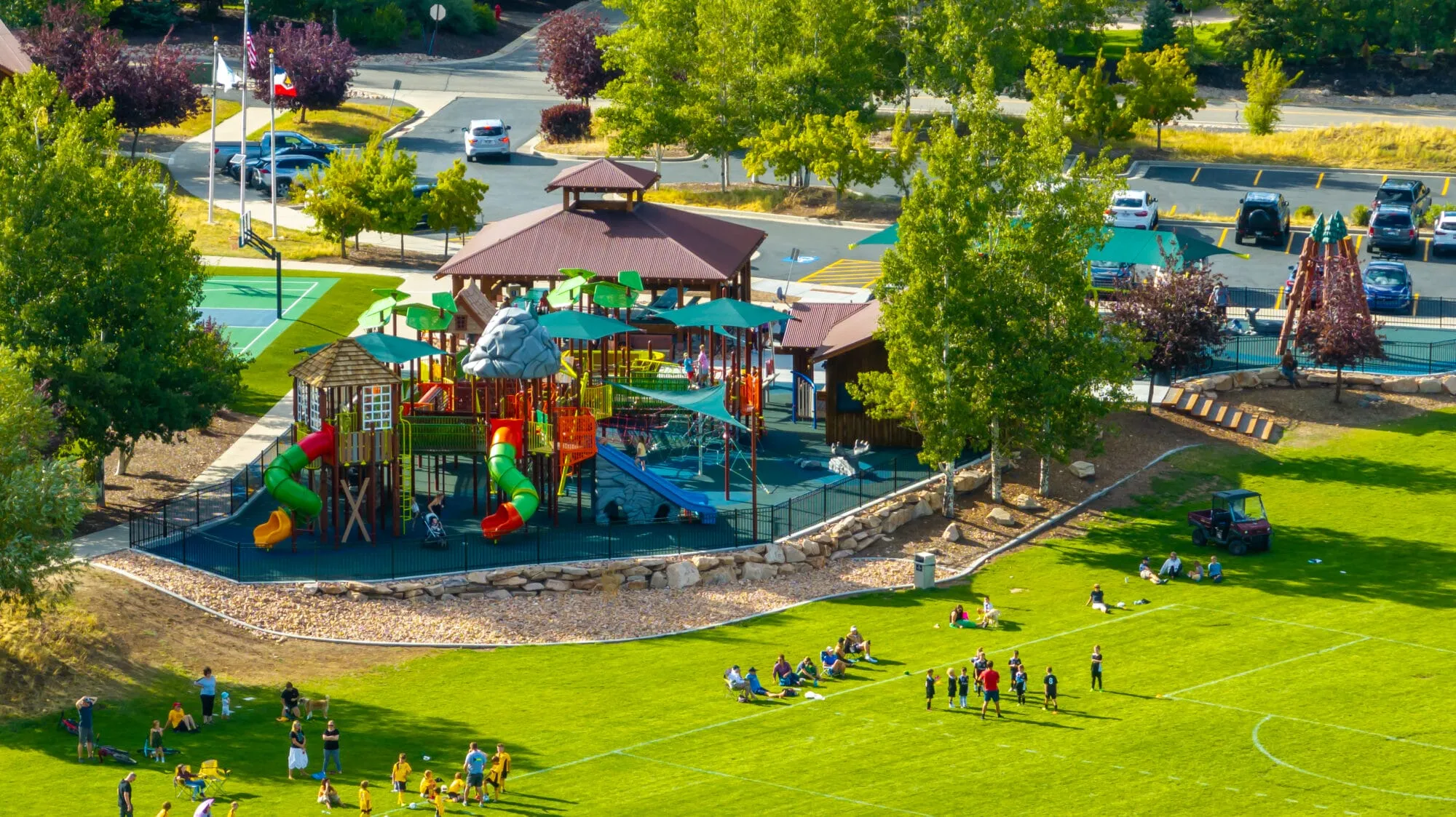 Drone footage of the colorful all abilities playground.