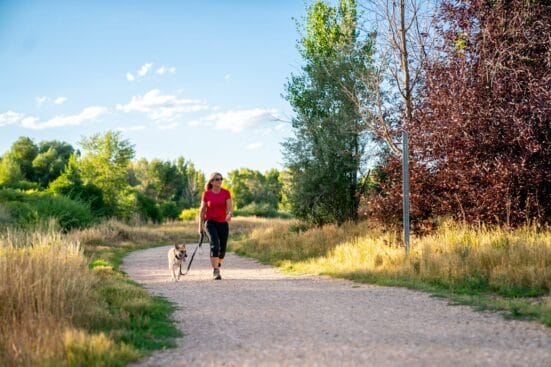 Person in red shirt walking their leashed dog on a gravel commuter pathway trail in Willow Creek Park